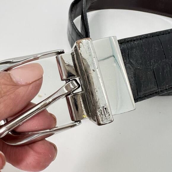 Lauren Ralph Lauren Croc Embossed Leather Belt L-32 Women Black Brown Reversible - Picture 2 of 9